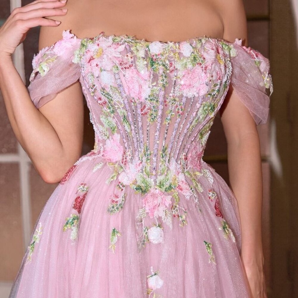 New Off Shoulder Evening Tulle Gown w/ Floral Applique & Layered Skirt CD A1479 - Picture 4 of 11